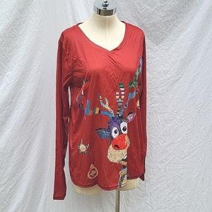 Ladies Christmas shirt, long sleeves,  dark red, goofy reindeer, sz 2XL